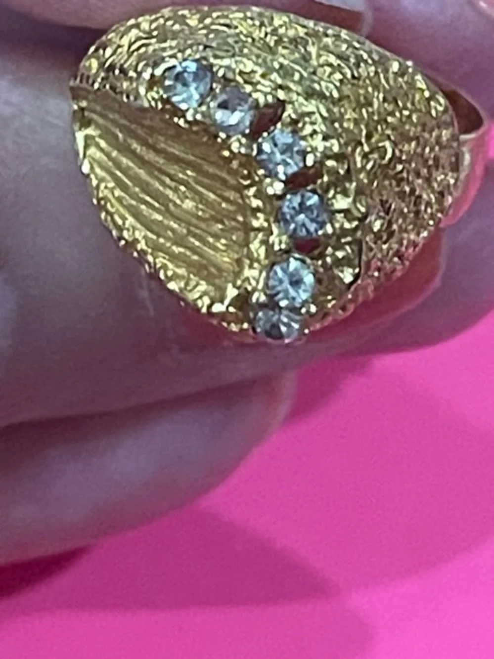 Gold Plated Beehive”Textured VINTAGE Dome Ring w/6 Diamond Accents -